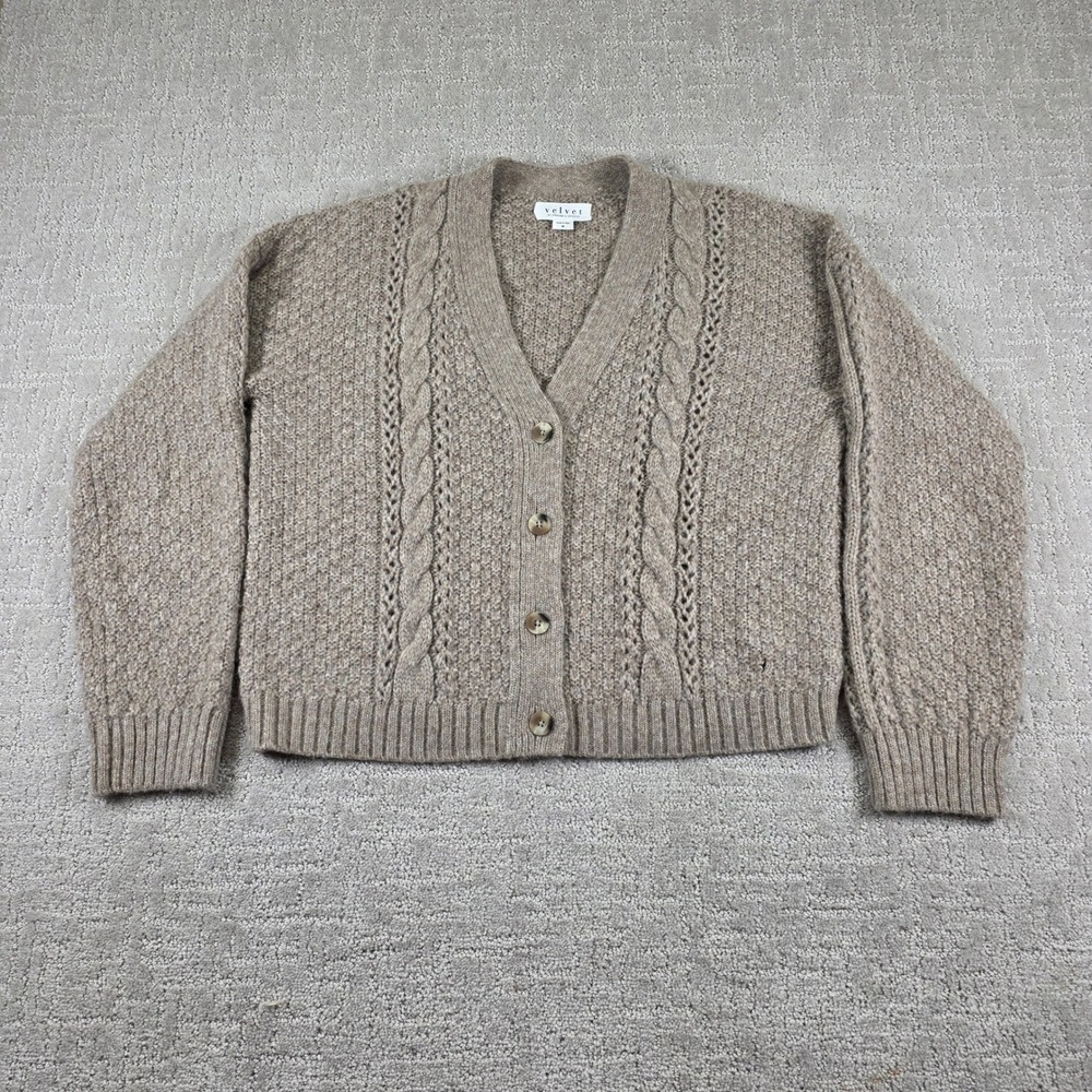 Velvet by Graham & Spencer Baby Alpaca Taupe Cable Knit Cardigan Medium *Flaw